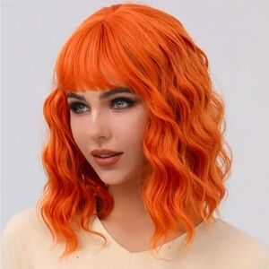 Orange Short Wavy Wig with Bangs — Shoulder Length Heat‎ Resistant Synthetic Bob